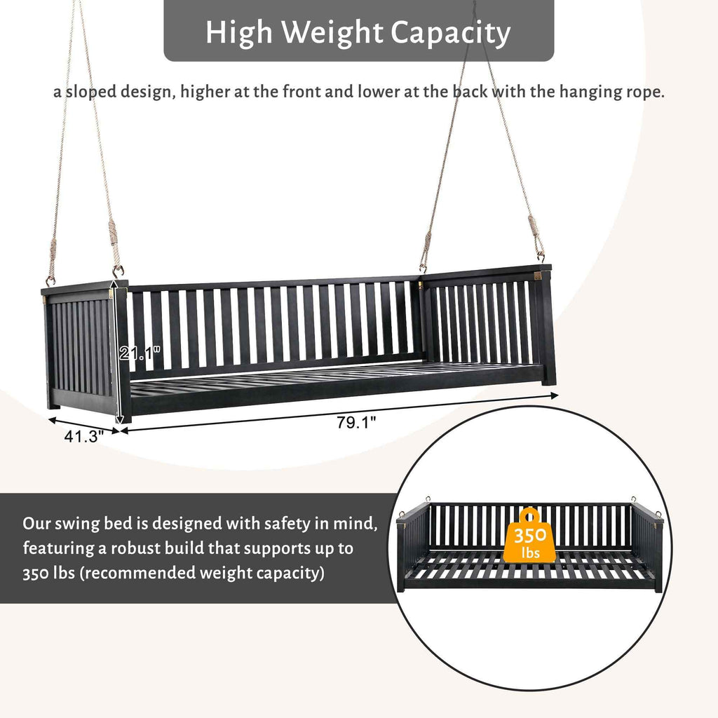 Modern Hanging Outdoor Daybed Swing – Solid Acacia Wood Porch Swing Bed for Patio, Backyard & Relaxation