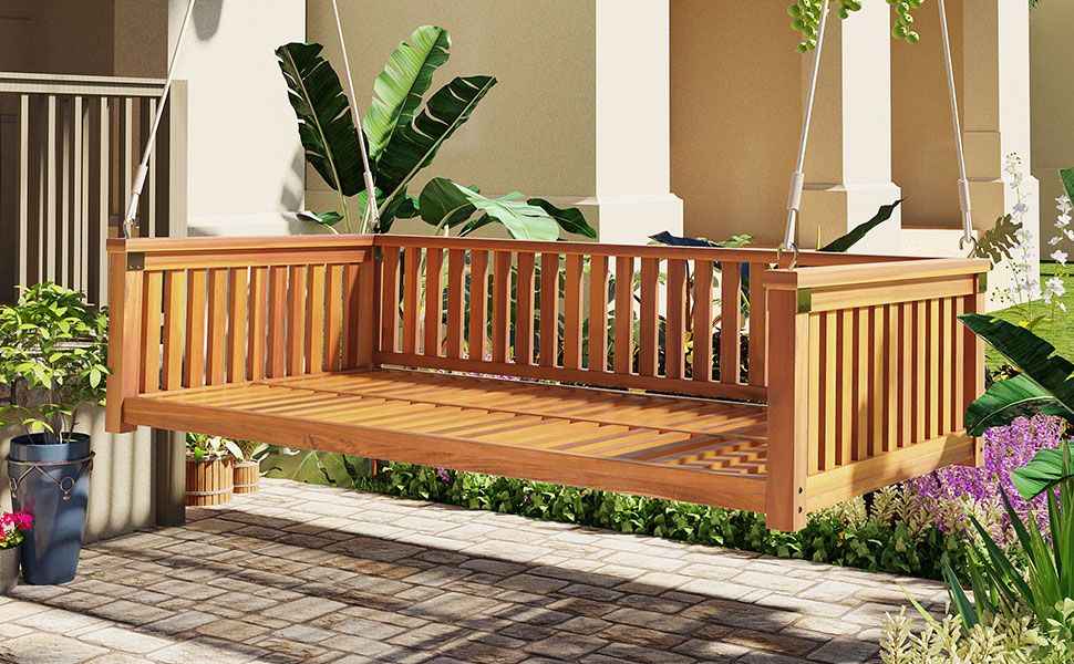 Modern Hanging Outdoor Daybed Swing – Solid Acacia Wood Porch Swing Bed for Patio, Backyard & Relaxation