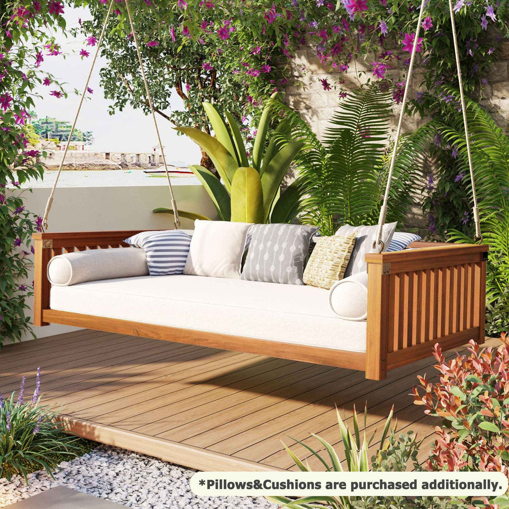 Modern Hanging Outdoor Daybed Swing – Solid Acacia Wood Porch Swing Bed for Patio, Backyard & Relaxation