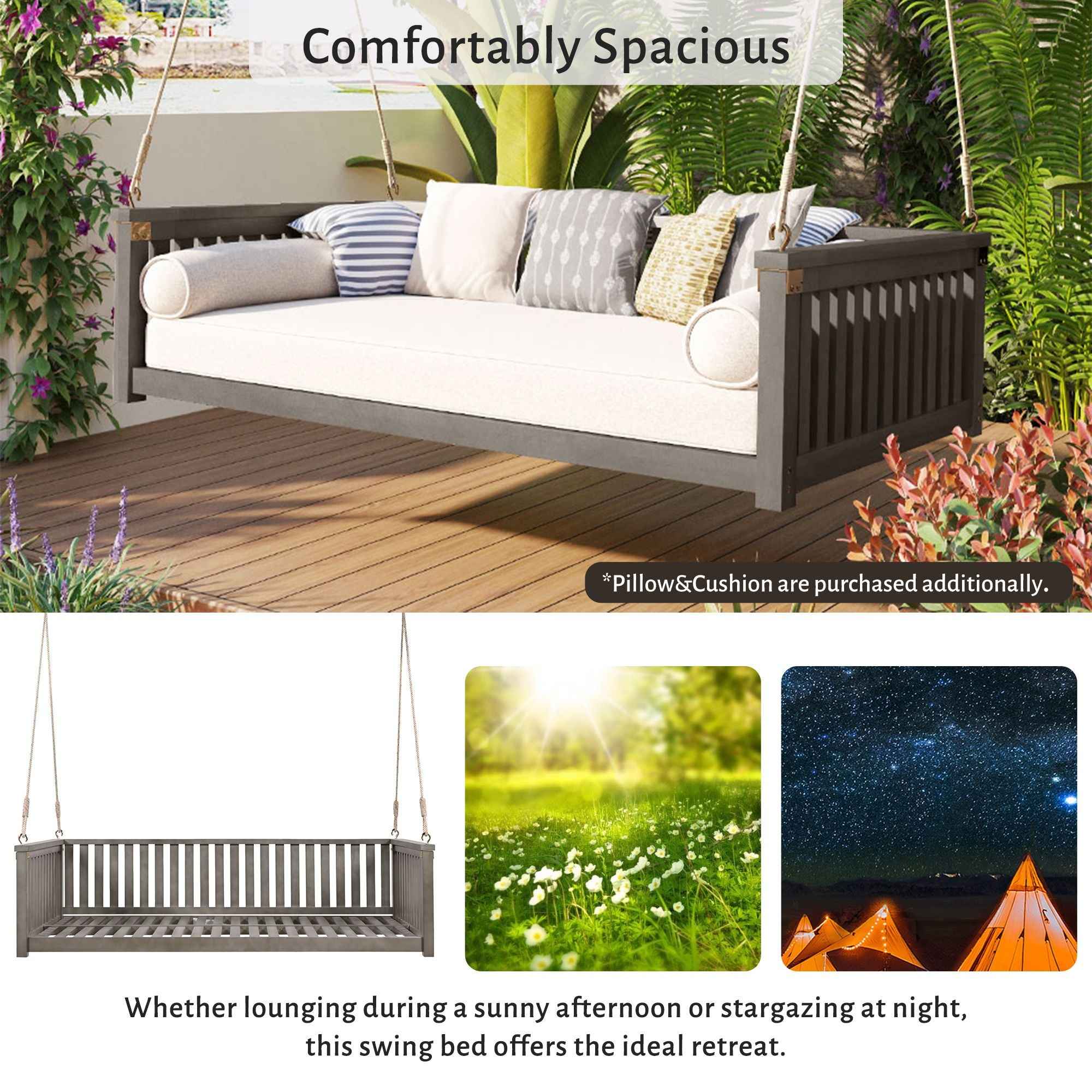 Modern Hanging Outdoor Daybed Swing – Solid Acacia Wood Porch Swing Bed for Patio, Backyard & Relaxation