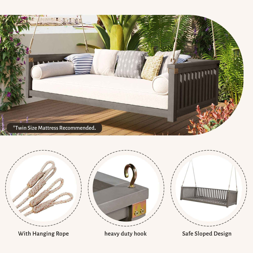 Modern Hanging Outdoor Daybed Swing – Solid Acacia Wood Porch Swing Bed for Patio, Backyard & Relaxation
