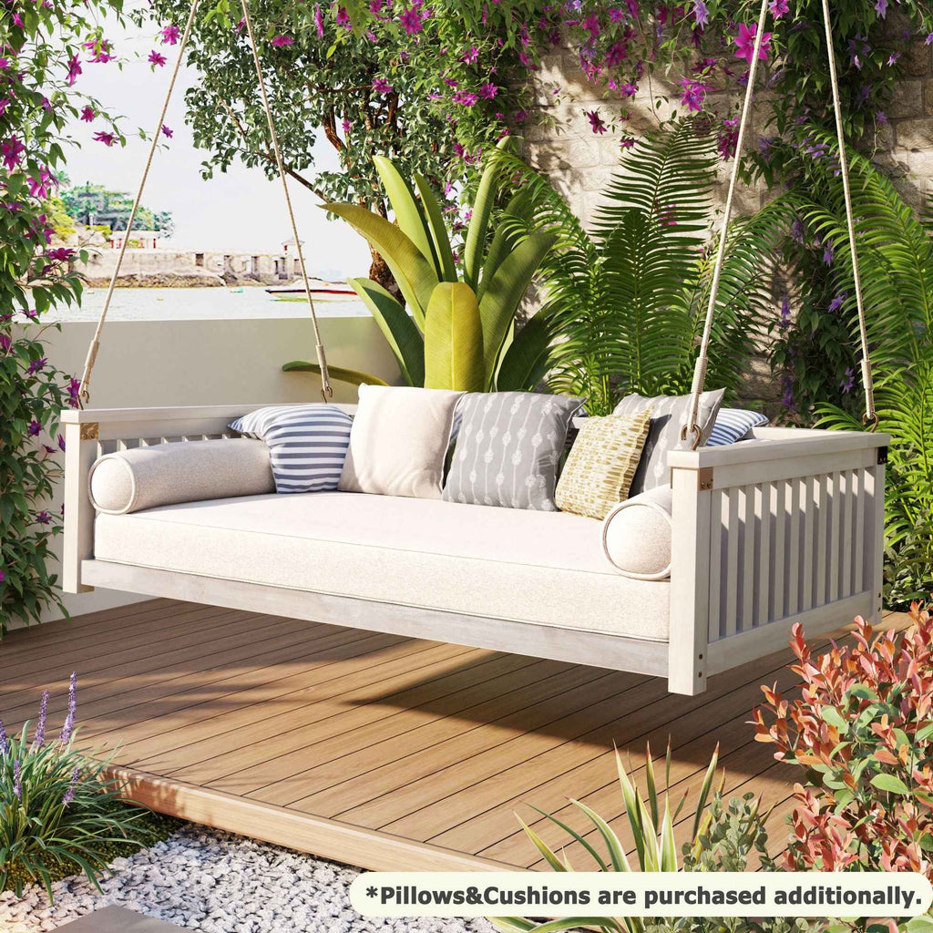 Modern Hanging Outdoor Daybed Swing – Solid Acacia Wood Porch Swing Bed for Patio, Backyard & Relaxation