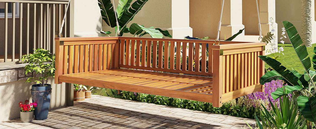 Modern Hanging Outdoor Daybed Swing – Solid Acacia Wood Porch Swing Bed for Patio, Backyard & Relaxation