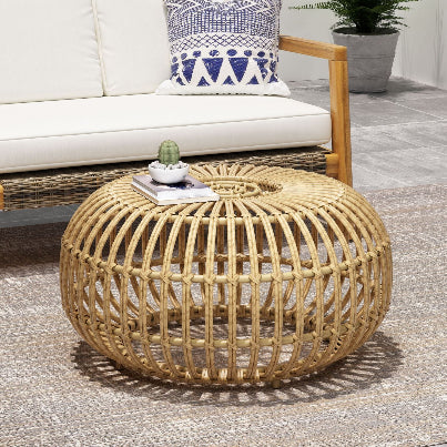 520538511, light brown  rattan wicker round coffee table with open cage design