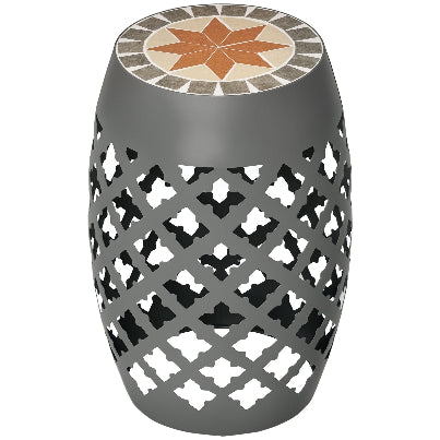 52417736, grey steel barrel table with  mosiac cutout screen for base and mosiac tilework on top