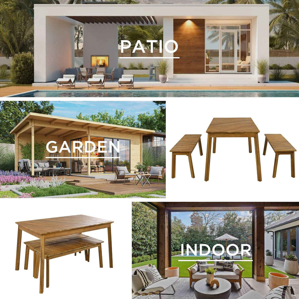 3-Piece Acacia Wood Outdoor Dining Set – Picnic Table with 2 Benches for Patio, Backyard, Garden & Indoor Dining