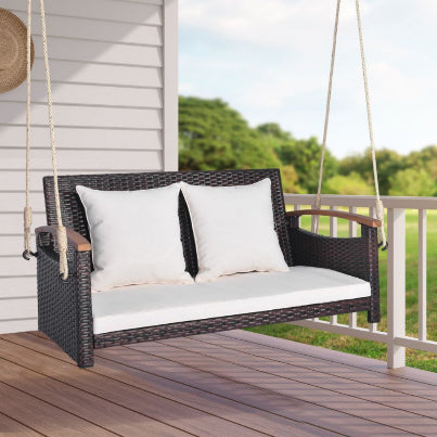 521105621,  hanging brown Rattan wicker 2 seater swing with  white cushions
