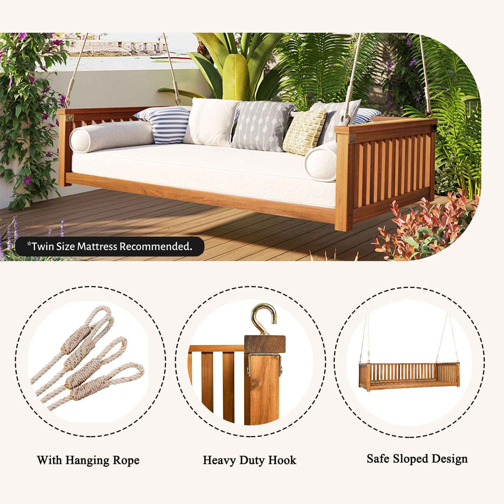 Modern Hanging Outdoor Daybed Swing – Solid Acacia Wood Porch Swing Bed for Patio, Backyard & Relaxation
