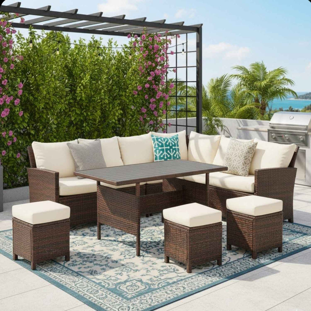 7-Piece Outdoor Sectional Dining Set – 9-Seat Wicker Patio Lounge & Dining Furniture with Table for Backyard Entertaining