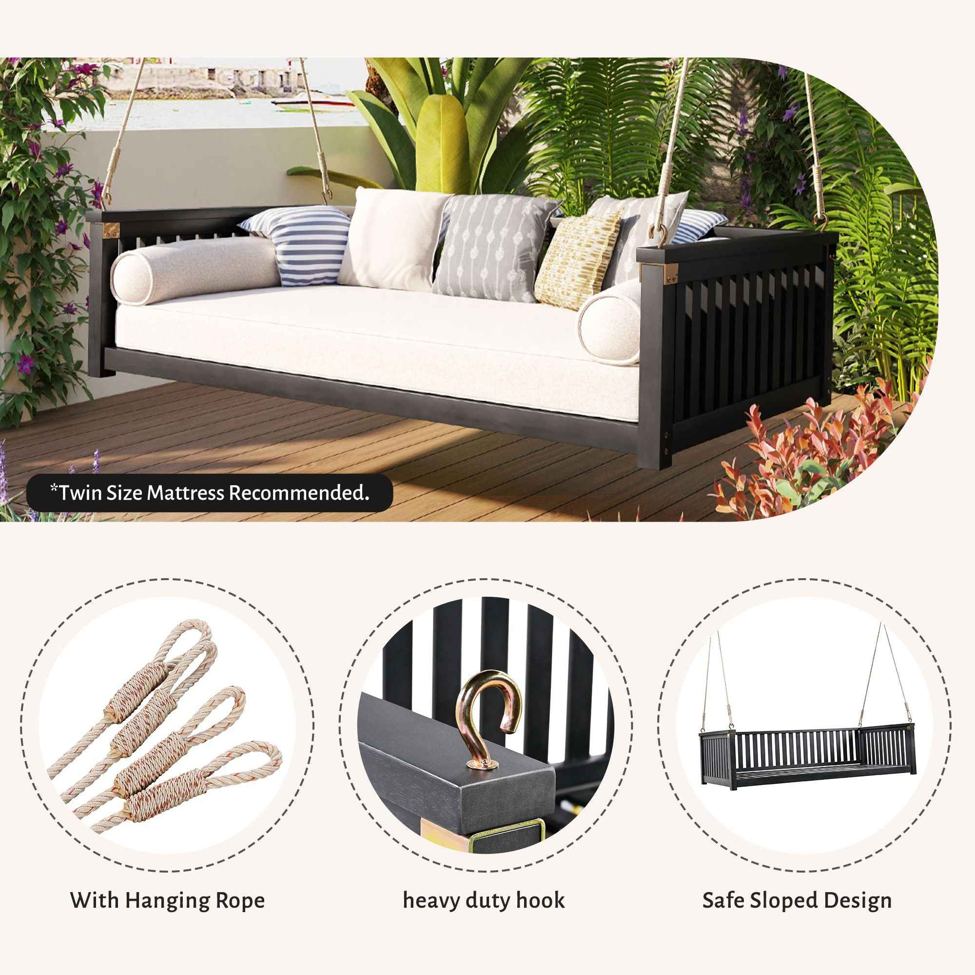 Modern Hanging Outdoor Daybed Swing – Solid Acacia Wood Porch Swing Bed for Patio, Backyard & Relaxation