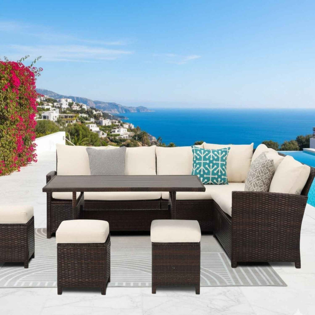 7-Piece Outdoor Sectional Dining Set – 9-Seat Wicker Patio Lounge & Dining Furniture with Table for Backyard Entertaining
