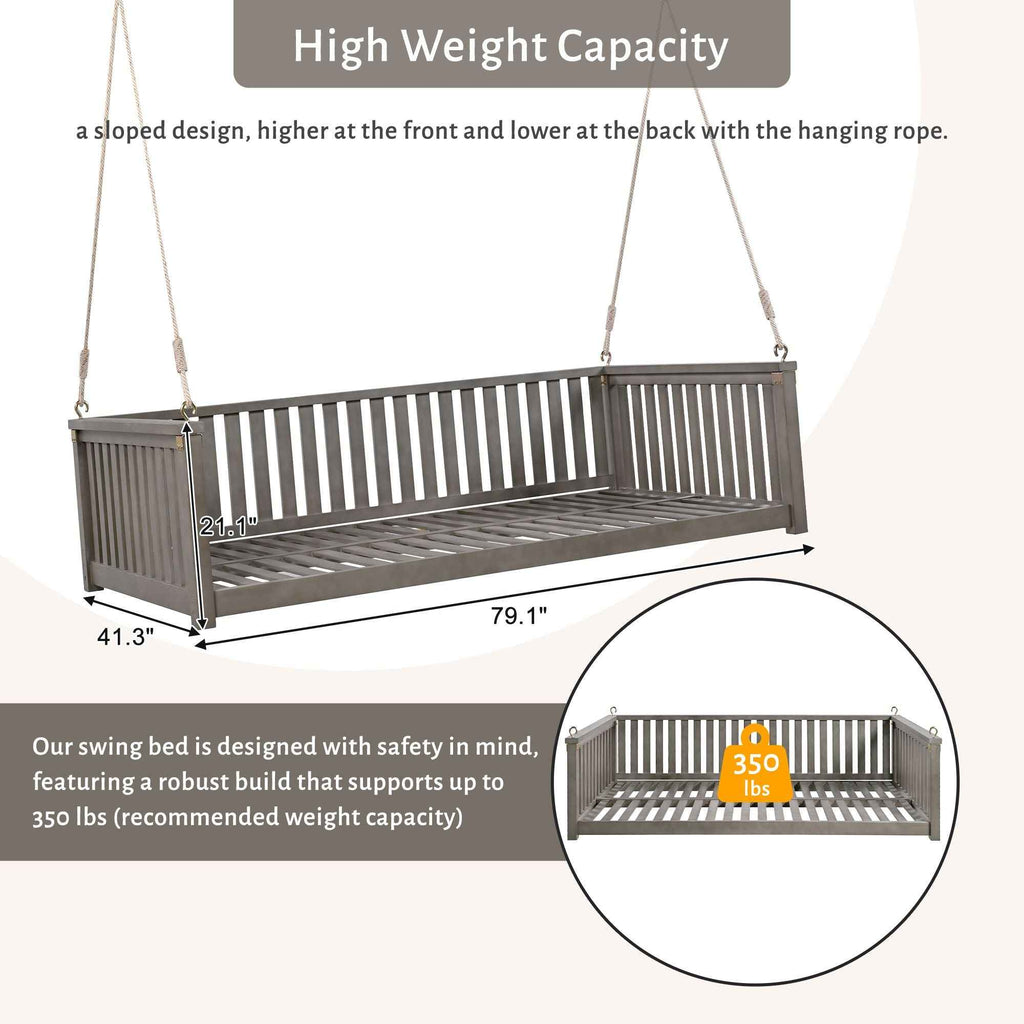 Modern Hanging Outdoor Daybed Swing – Solid Acacia Wood Porch Swing Bed for Patio, Backyard & Relaxation