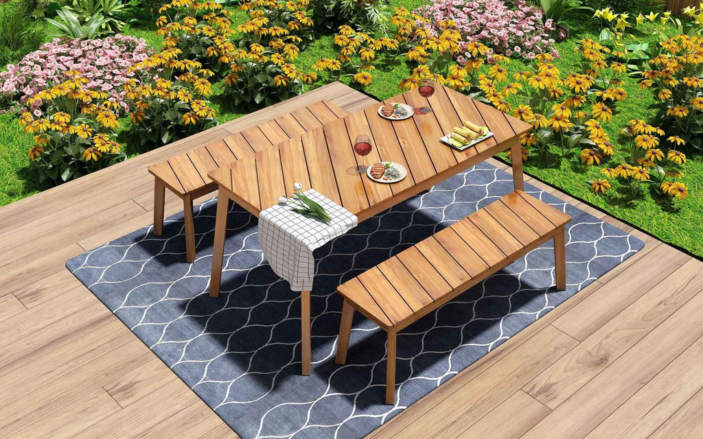 3-Piece Acacia Wood Outdoor Dining Set – Picnic Table with 2 Benches for Patio, Backyard, Garden & Indoor Dining