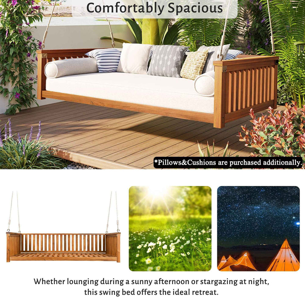 Modern Hanging Outdoor Daybed Swing – Solid Acacia Wood Porch Swing Bed for Patio, Backyard & Relaxation