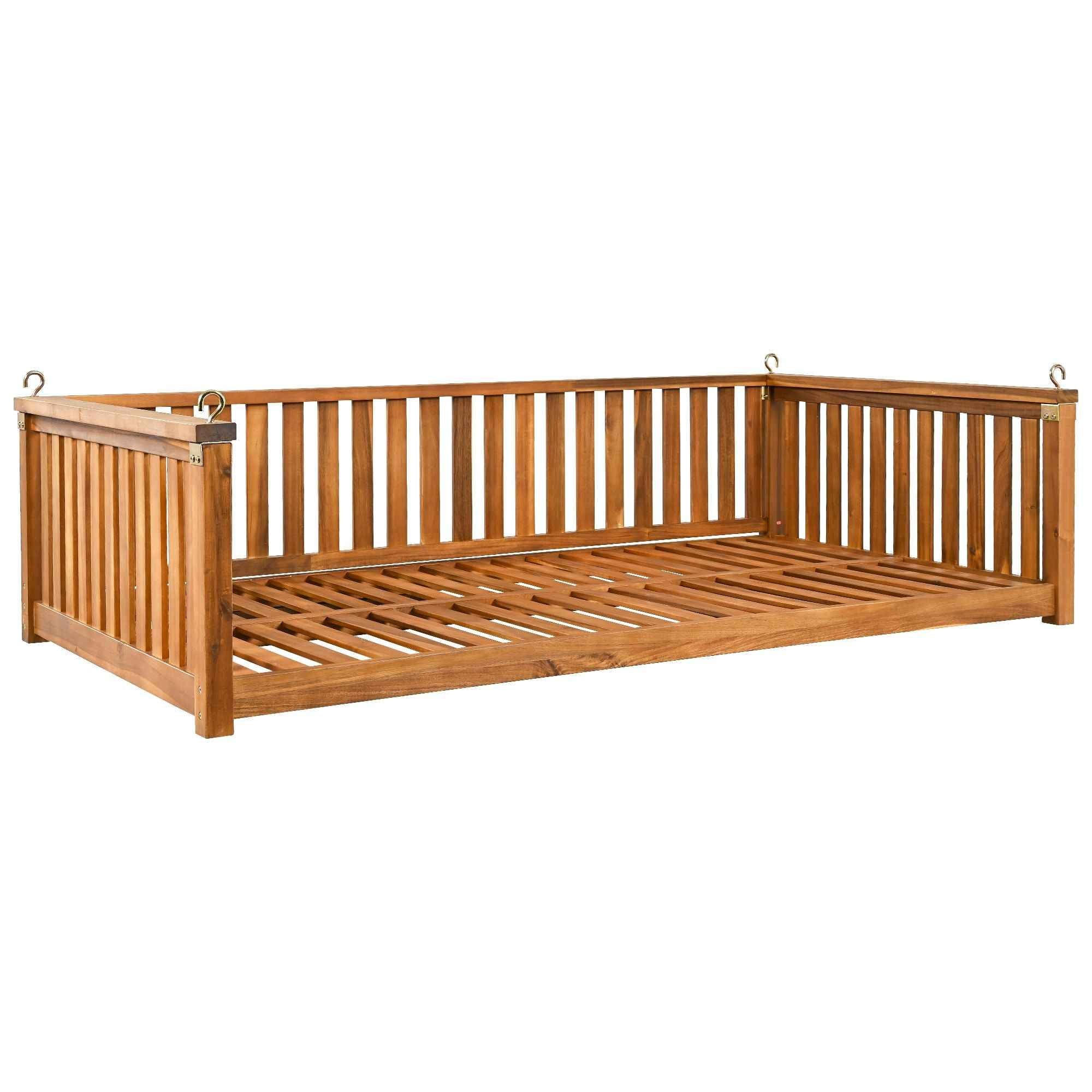 Modern Hanging Outdoor Daybed Swing – Solid Acacia Wood Porch Swing Bed for Patio, Backyard & Relaxation