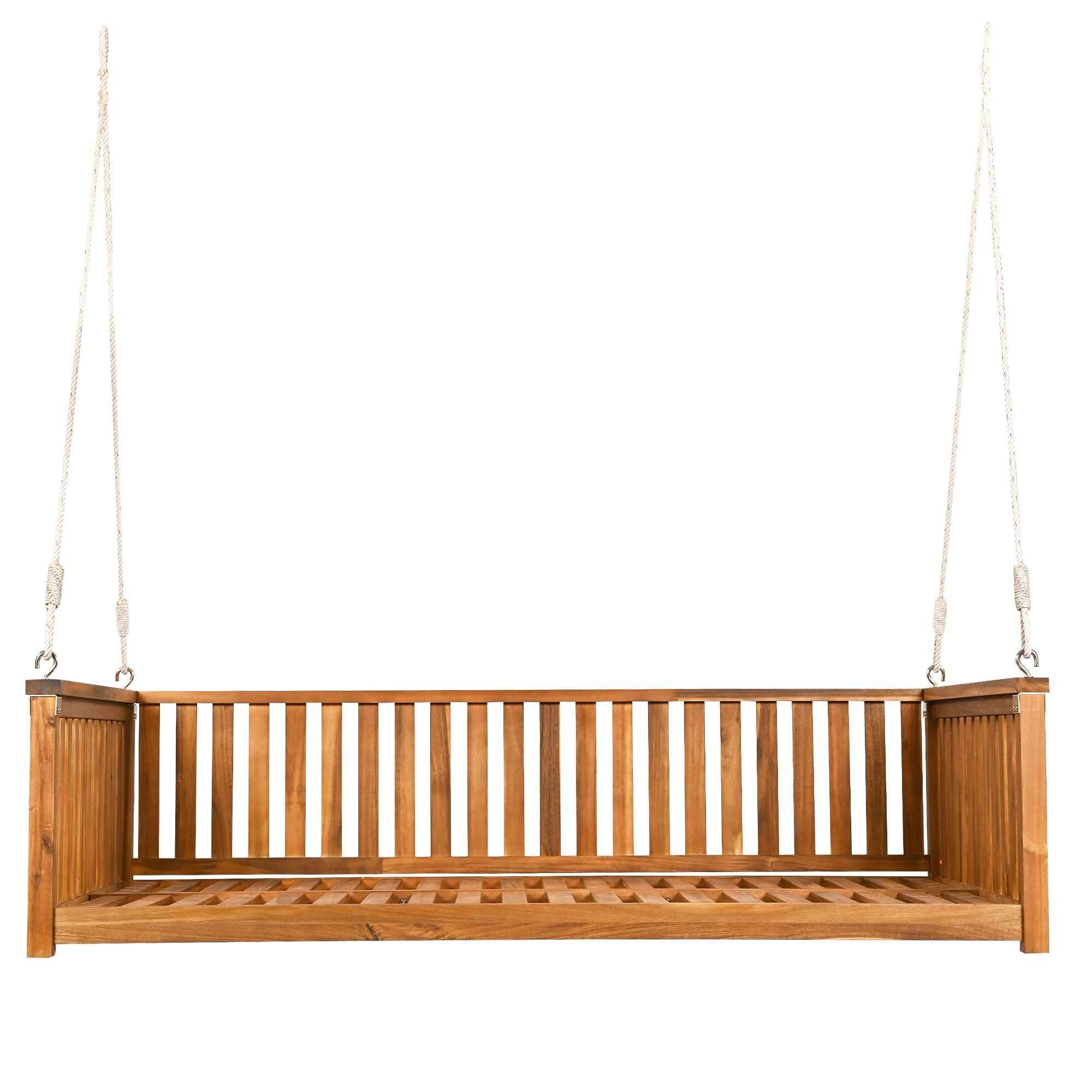Modern Hanging Outdoor Daybed Swing – Solid Acacia Wood Porch Swing Bed for Patio, Backyard & Relaxation