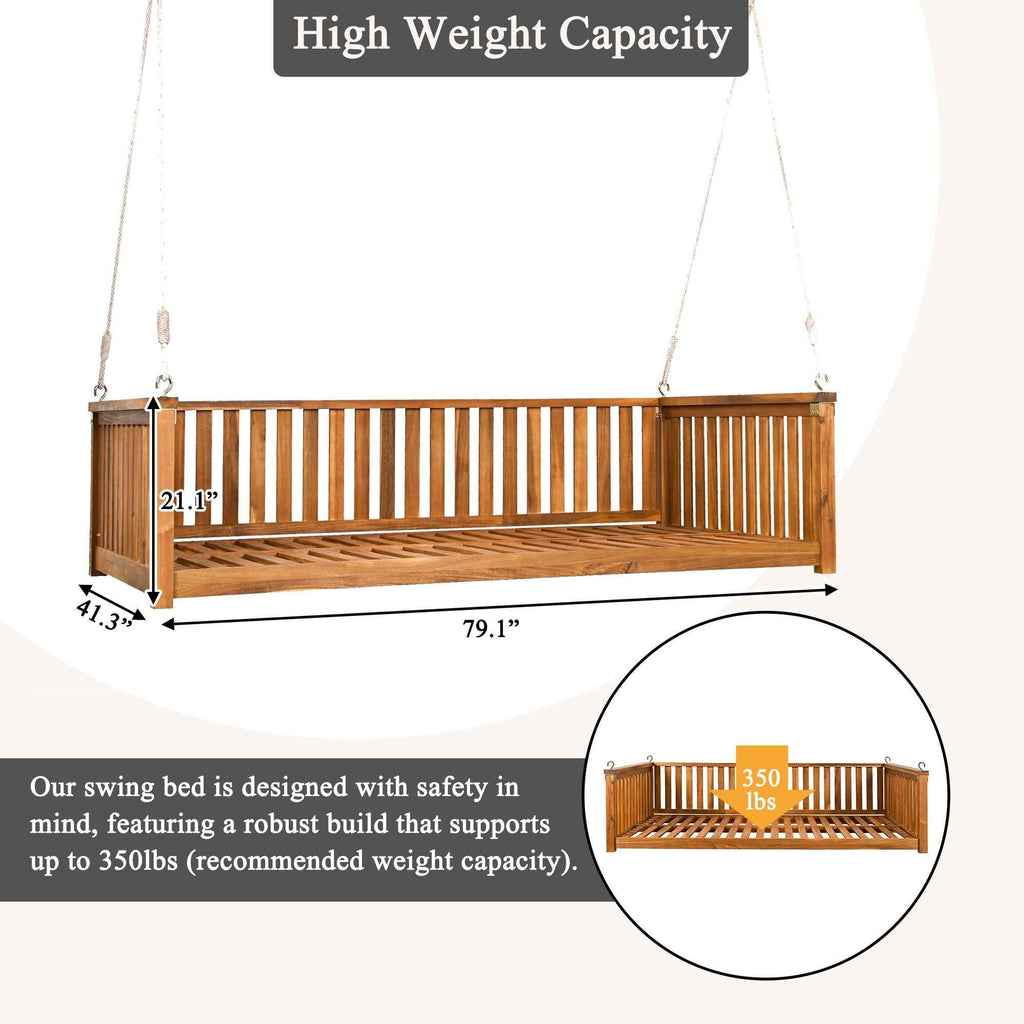 Modern Hanging Outdoor Daybed Swing – Solid Acacia Wood Porch Swing Bed for Patio, Backyard & Relaxation