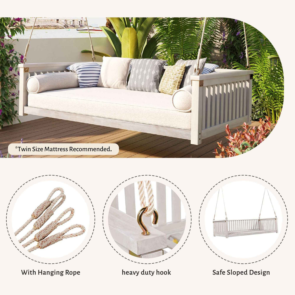Modern Hanging Outdoor Daybed Swing – Solid Acacia Wood Porch Swing Bed for Patio, Backyard & Relaxation
