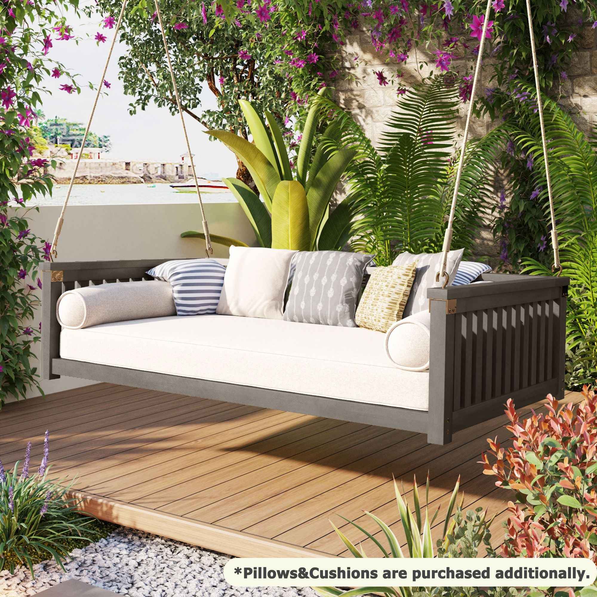 Modern Hanging Outdoor Daybed Swing – Solid Acacia Wood Porch Swing Bed for Patio, Backyard & Relaxation