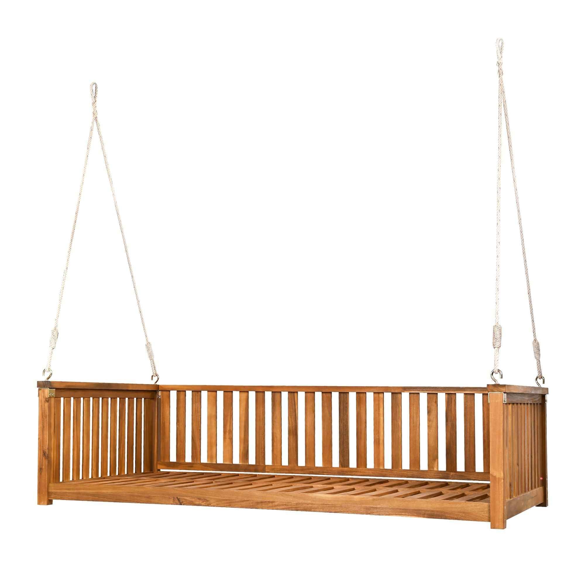 Modern Hanging Outdoor Daybed Swing – Solid Acacia Wood Porch Swing Bed for Patio, Backyard & Relaxation