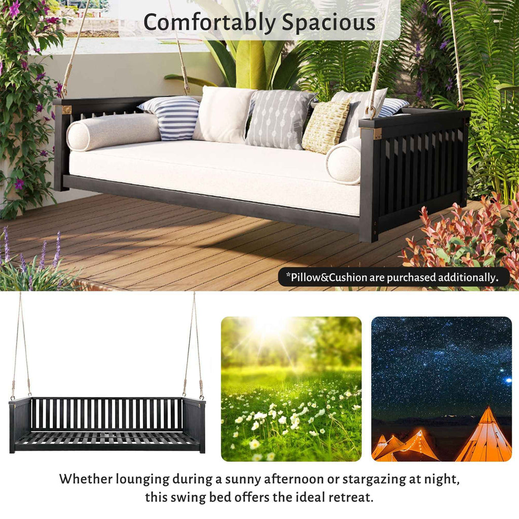 Modern Hanging Outdoor Daybed Swing – Solid Acacia Wood Porch Swing Bed for Patio, Backyard & Relaxation