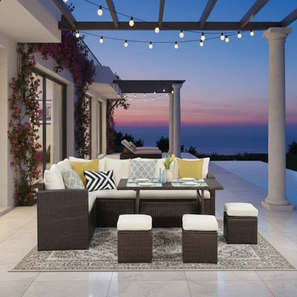7-Piece Outdoor Sectional Dining Set – 9-Seat Wicker Patio Lounge & Dining Furniture with Table for Backyard Entertaining