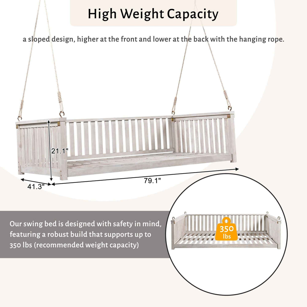 Modern Hanging Outdoor Daybed Swing – Solid Acacia Wood Porch Swing Bed for Patio, Backyard & Relaxation