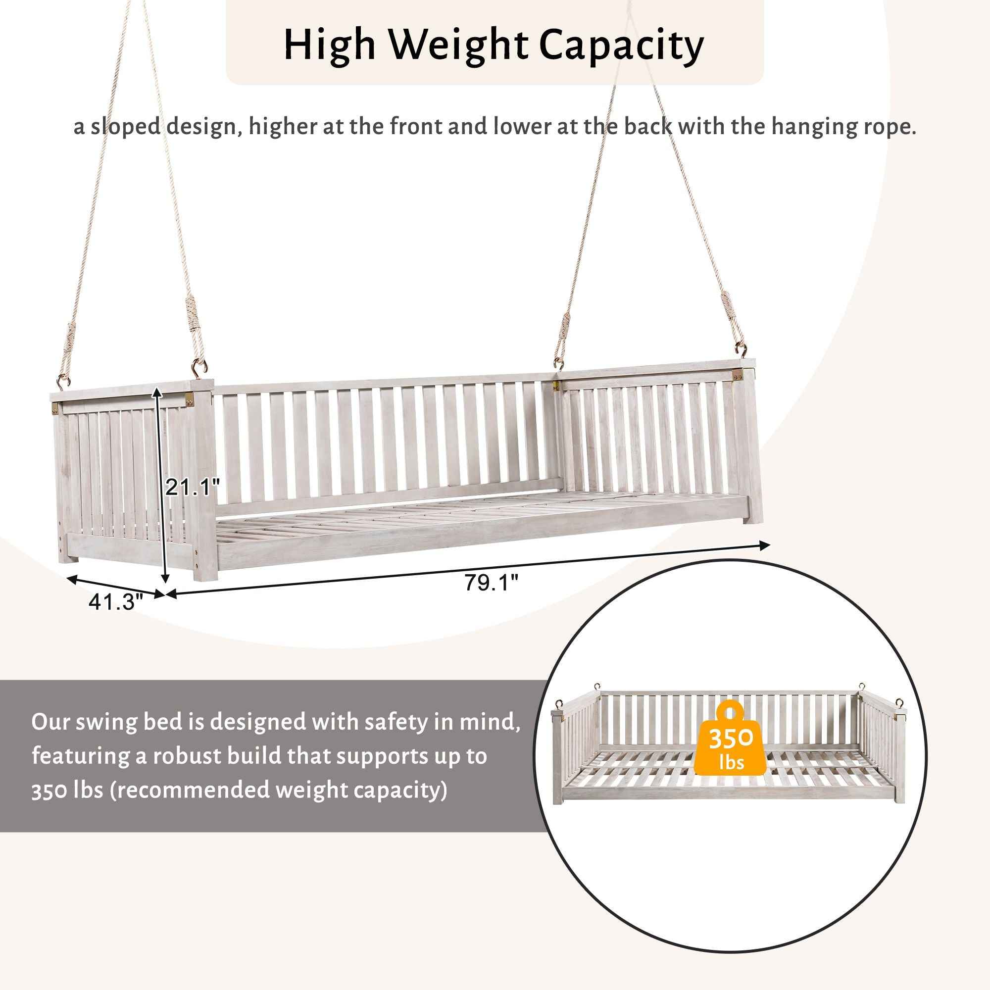 Modern Hanging Outdoor Daybed Swing – Solid Acacia Wood Porch Swing Bed for Patio, Backyard & Relaxation