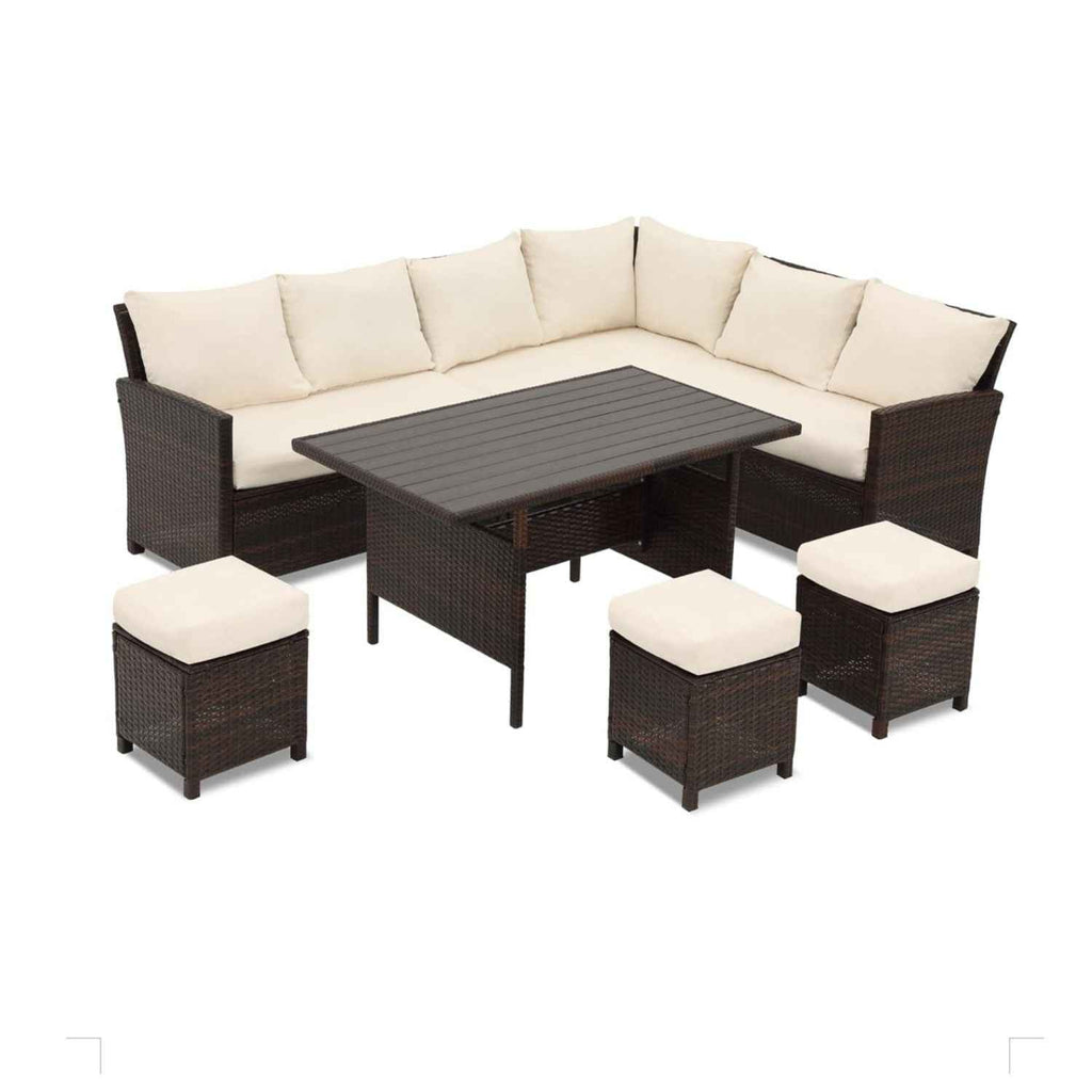7-Piece Outdoor Sectional Dining Set – 9-Seat Wicker Patio Lounge & Dining Furniture with Table for Backyard Entertaining