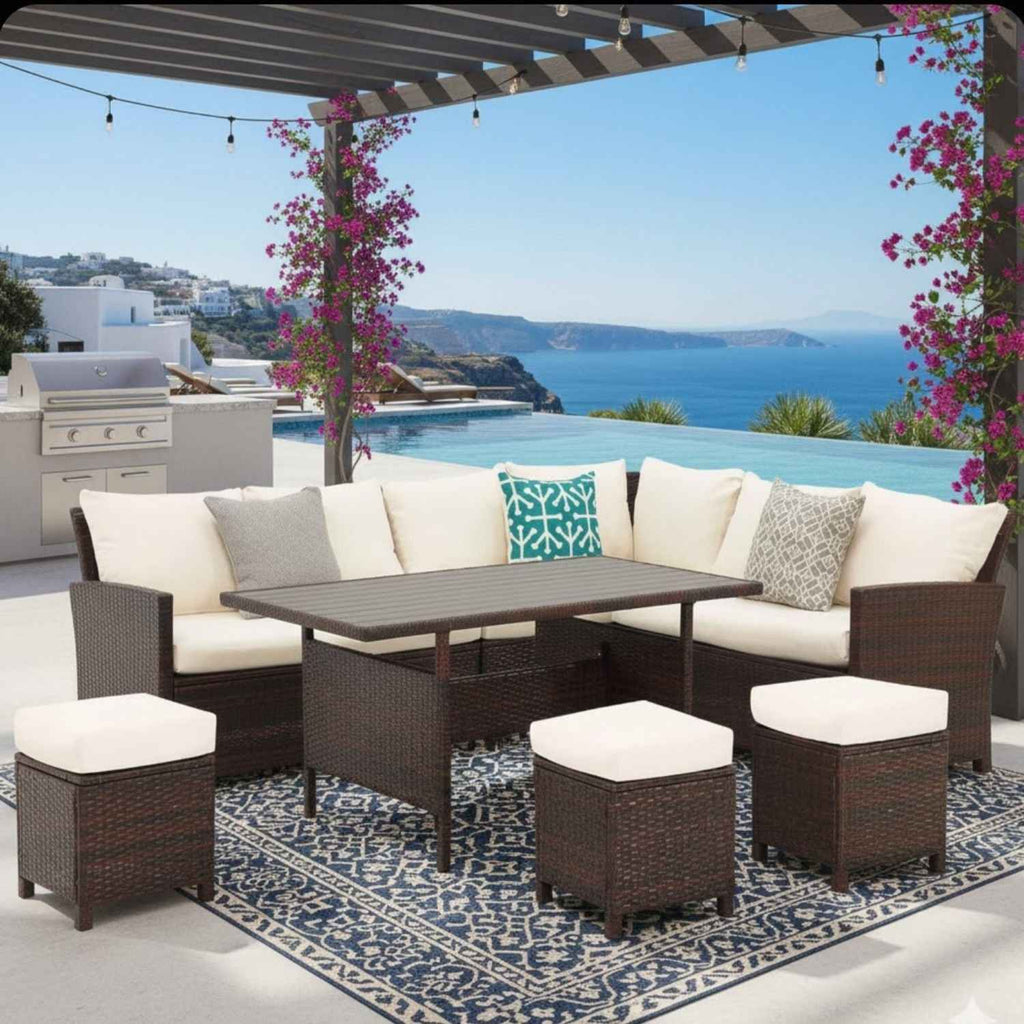 7-Piece Outdoor Sectional Dining Set – 9-Seat Wicker Patio Lounge & Dining Furniture with Table for Backyard Entertaining