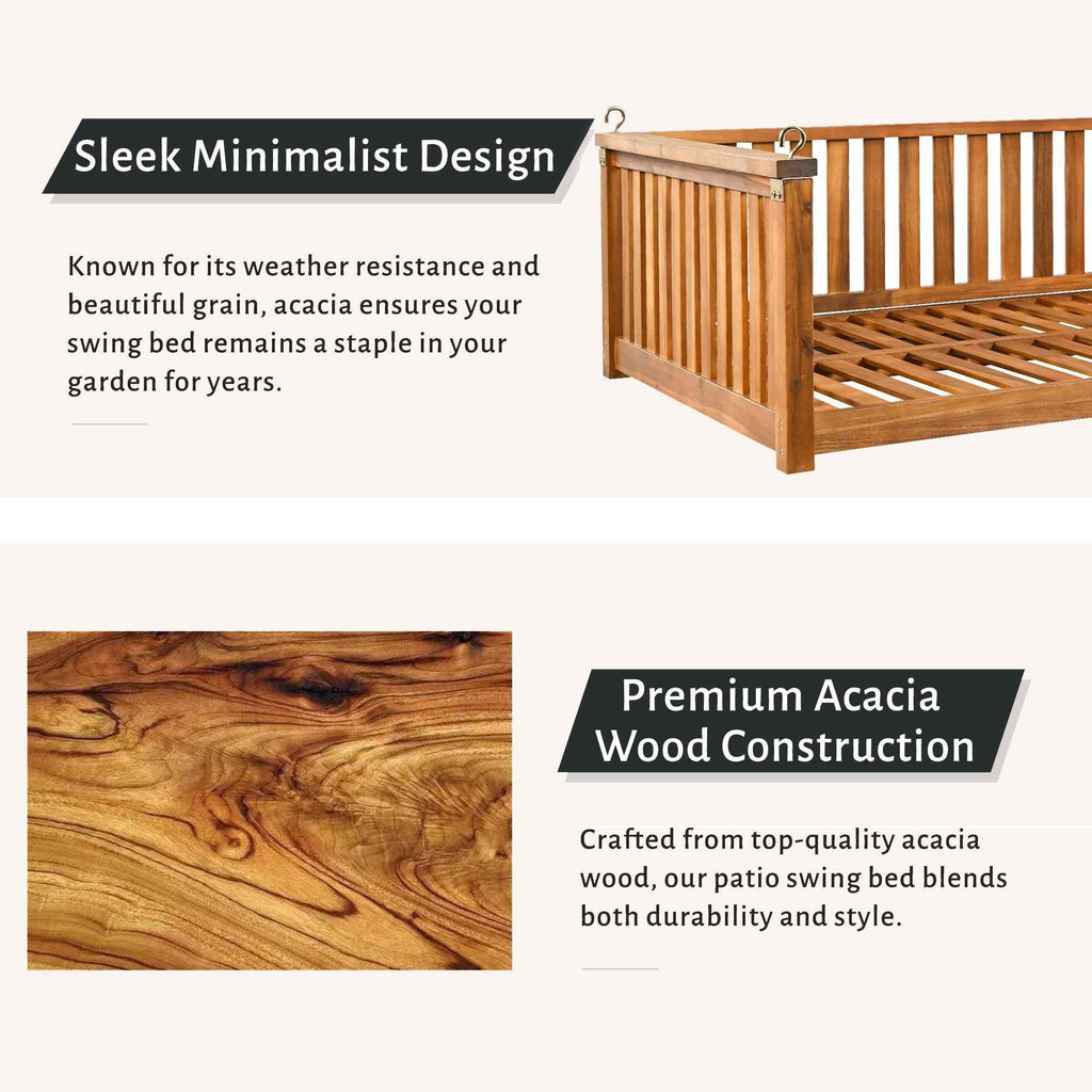 Modern Hanging Outdoor Daybed Swing – Solid Acacia Wood Porch Swing Bed for Patio, Backyard & Relaxation