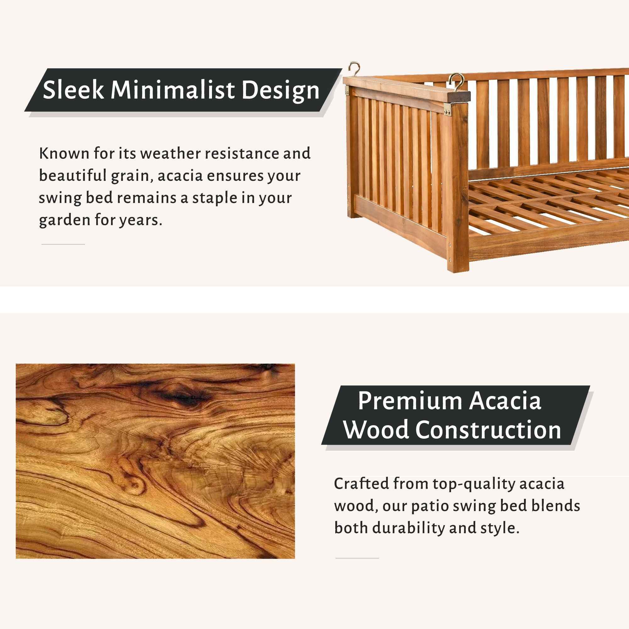 Modern Hanging Outdoor Daybed Swing – Solid Acacia Wood Porch Swing Bed for Patio, Backyard & Relaxation