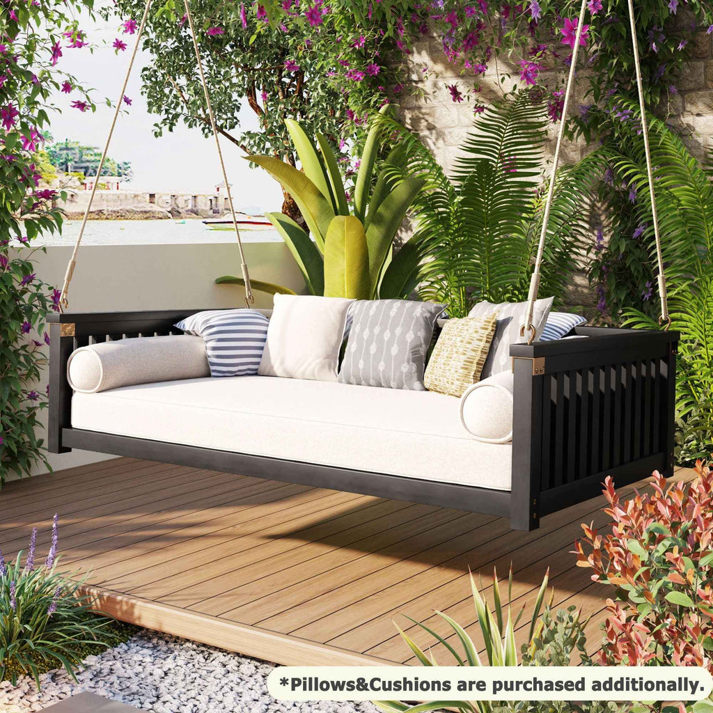 Modern Hanging Outdoor Daybed Swing – Solid Acacia Wood Porch Swing Bed for Patio, Backyard & Relaxation