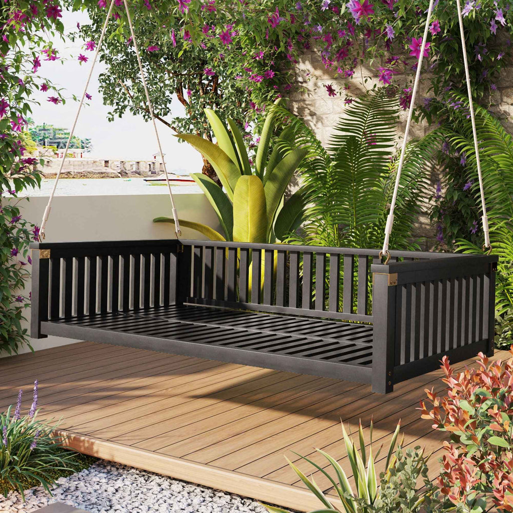Modern Hanging Outdoor Daybed Swing – Solid Acacia Wood Porch Swing Bed for Patio, Backyard & Relaxation