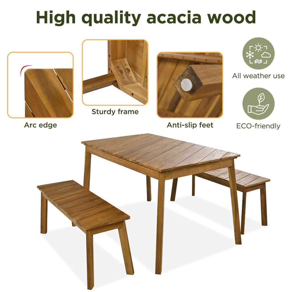 3-Piece Acacia Wood Outdoor Dining Set – Picnic Table with 2 Benches for Patio, Backyard, Garden & Indoor Dining