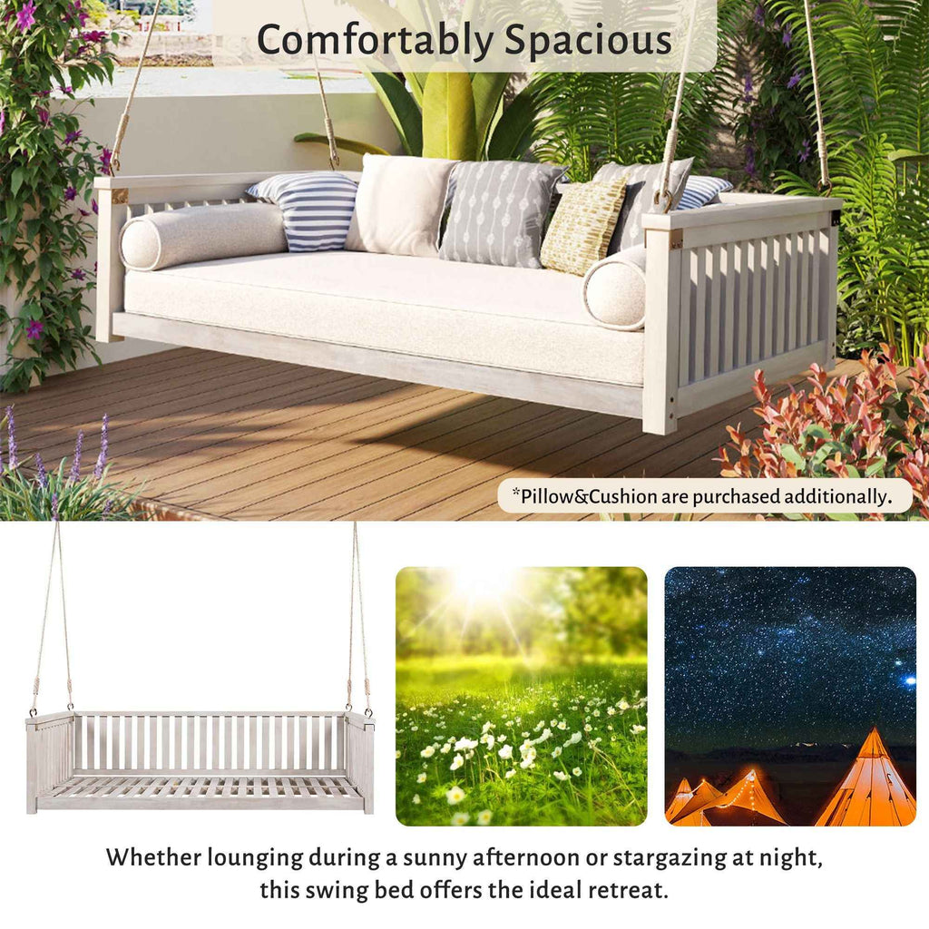 Modern Hanging Outdoor Daybed Swing – Solid Acacia Wood Porch Swing Bed for Patio, Backyard & Relaxation
